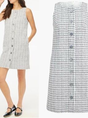 J. Crew Black & White Sleeveless Button-Front Tweed Shift Dress